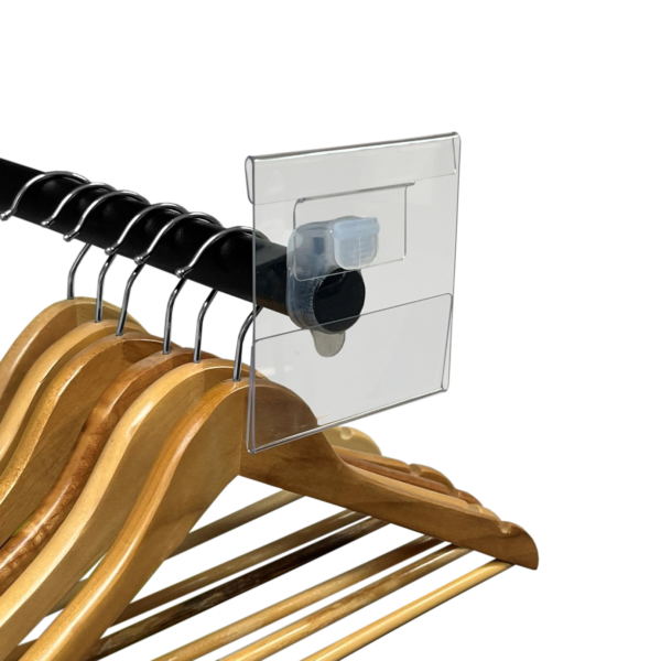 100x100mm square custom made Reflex Select sign Holder with standard clothing rail display arm attachment made from PETG